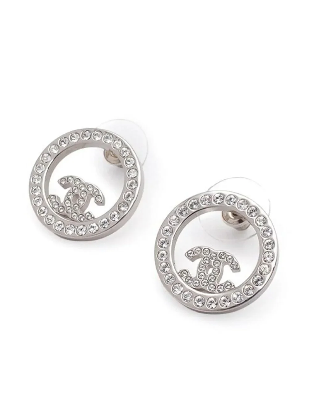 Chanel Earrings Silver Metal Rhinestone CC Logo